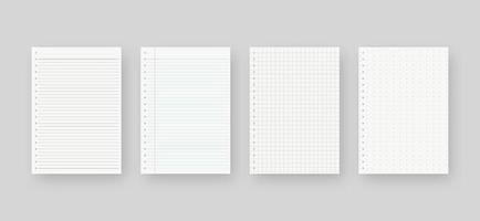 Notebook paper set. Sheet of lined paper template. Mockup isolated. Template design. Realistic vector illustration.