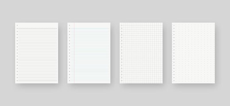 Notebook paper set. Sheet of lined paper template. Mockup isolated. Template design. Realistic vector illustration.