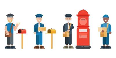 Set of postman characters. Postman wearing uniform with mailbox. Delivery service concept in flat design style. Vector illustration.