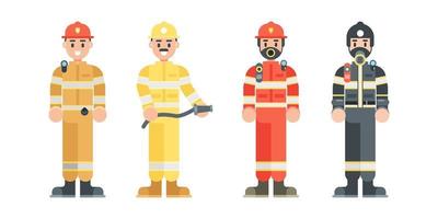 Set of fireman characters. Firefighter wearing uniform and helmet in flat style. Vector illustration.