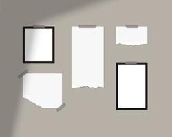 Mood board mockup template. Empty sheets of white paper on the wall with shadow overlay. Mockup vector isolated. Template design. Realistic vector illustration.