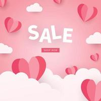Happy valentine's day Sale banner. Holiday background with origami hearts and clouds. Trendy design template for advertisement, social media, business, fashion ads, etc. vector