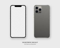 Smartphone mockup vector. Blank smartphone in front and back isolated on grey background. Mockup vector isolated. Template design. Realistic vector illustration.