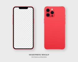 Smartphone mockup vector. Blank red smartphone in front and back isolated on grey background. Mockup vector isolated. Template design. Realistic vector illustration.