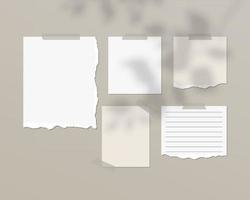 Mood board mockup template. Empty sheets of white paper on the wall with shadow overlay. Mockup vector isolated. Template design. Realistic vector illustration.