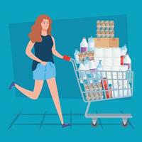 Woman with a full shopping cart vector