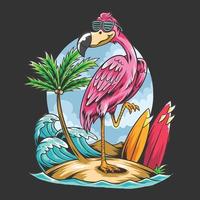 summer flamingos on the beach with coconut trees and surf boards vector