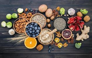 Top view of healthy foods on slate photo