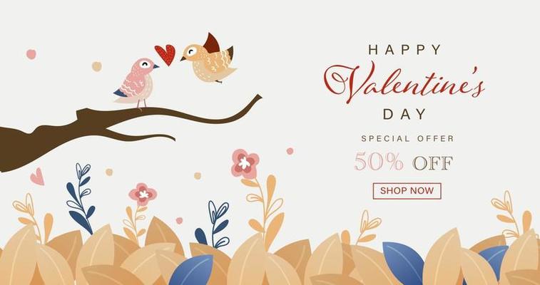 Happy Valentine's Day card of hand drawn cute birds