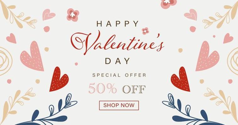 Happy Valentine's Day card of hand drawn cute heart and flower elements