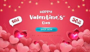 Happy Valentine's day banner or background with 3D realistic hearts vector