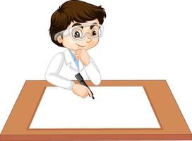 A boy wearing scientist gown with empty paper on the table vector