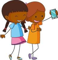 Two girls cartoon character taking a selfie in hand drawn doodle style isolated vector
