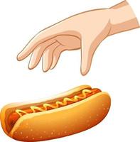 Hand trying to grab sausage sandwich on white background vector