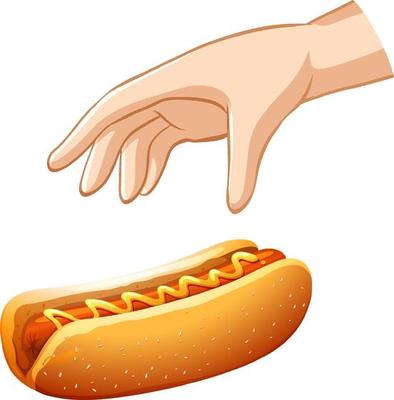 Hand trying to grab sausage sandwich on white background