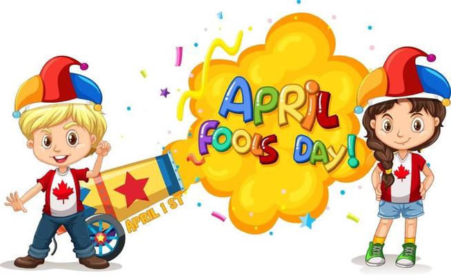 April Fool's Day font logo with children wearing jester hat