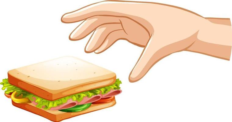 Hand trying to grab sandwich on white background