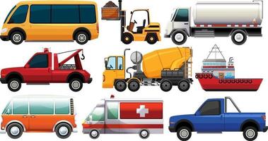 Set of different kind of cars and trucks isolated on white background vector