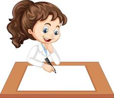 Linda chica vistiendo uniforme científico escribiendo en papel en blanco vector