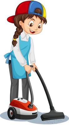 Maid cartoon character wearing uniform using vacuum cleaner