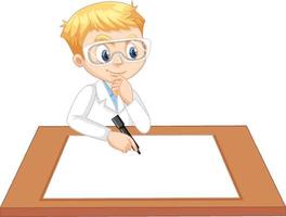 A boy wearing scientist gown with empty paper on the table vector