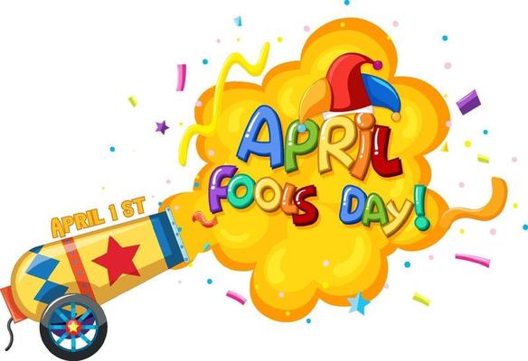 April Fool's Day font logo with Jester hat and confetti explosion