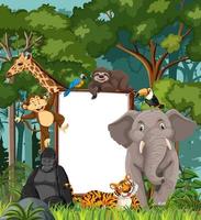 Blank banner in the rainforest scene with wild animals vector