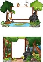 Banner vacío con animales salvajes y árboles de la selva sobre fondo blanco. vector