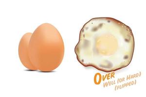 Fried eggs flipped with raw eggs picture, in  over well or over hard basic style level of doneness, vector illustration on white background.