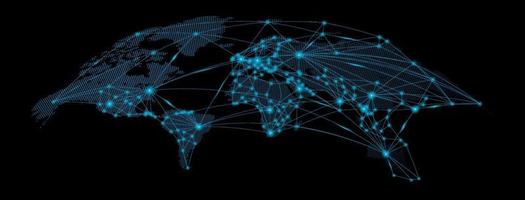 World map with curve. Global social network. Blue futuristic background with planet Earth. Internet and technology geometric background with light point lines. vector