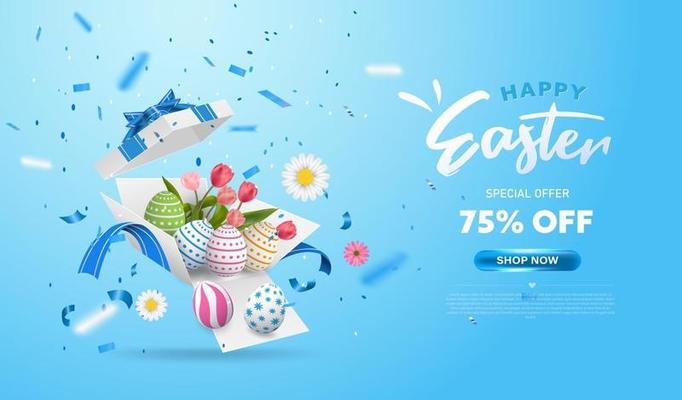Happy Easter with surprise white gift box with colorful eggs