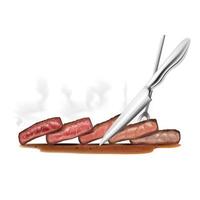 Ilustración de vector de cocción de bistec con tenedor y cuchillo para bistec sobre el fondo blanco.