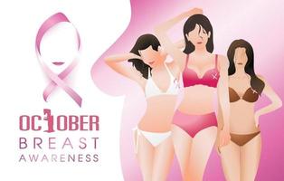 Group of girls in bikini with pink ribbon, Symbol of breast cancer awareness, Health campaign in october. vector