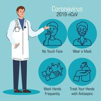 médico masculino con recomendaciones para detener el coronavirus vector