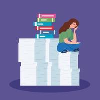 Upset woman with a pile documents vector