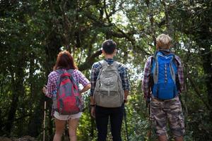 Close-up of hiker friends standing with backpacks in woods from behind photo