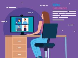 woman in a video conference via computer vector