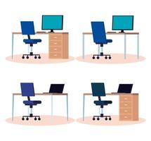 set of workplaces with desks and chairs vector