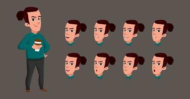 joven bebiendo café chico personaje de dibujos animados con diferente expresión facial vector