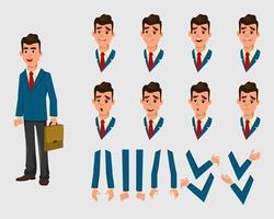 Businessman character for animation. different face emotions and hands for design, motion or animation. vector