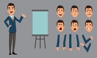 Businessman stand with presentation board. businessman character with different face emotions and hands for design, motion or animation. vector