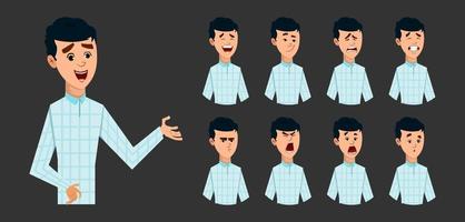 young boy character with different facial expression collection. flat style vector character illustration for design or animation.