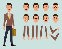 Businessman character with different facial expression and hand poses. Flat style character design for design, motion or animation. vector