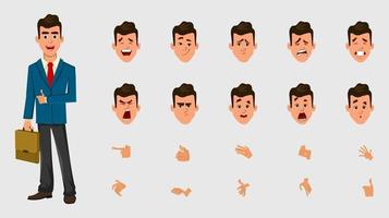 Businessman character with different facial expression or emotions and hands for design, motion or animation. vector