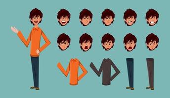 Young boy cartoon character for motion design or animation. character different type of dress and facial expression sheet. vector