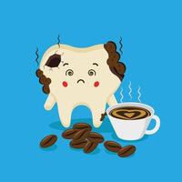 lindos personajes de dientes se sienten mal con manchas de café vector