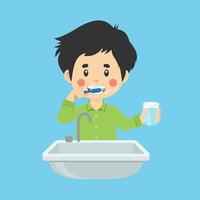 Happy Cute Kid Boy Brushing Clean Teeth vector