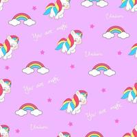 unicornio kawaii sin costuras con texto dibujado a mano vector