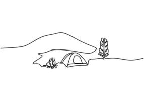 Continuous single line drawing of a lonely tent in mountains with campfire isolated on white background. Car caravan, travel trailer, camper,camper trailer concept. Minimalist style. Vector