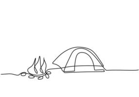 Continuous single line drawing of a lonely tent in mountains with campfire isolated on white background. Car caravan, travel trailer, camper,camper trailer concept. Minimalist style. Vector